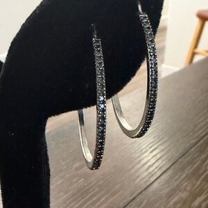 Sterling Silver Black Diamond Hoop Earrings - Women Jewelry